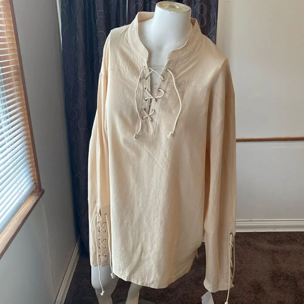 Tan Pirate Shirt lace up front and sleeves , size M